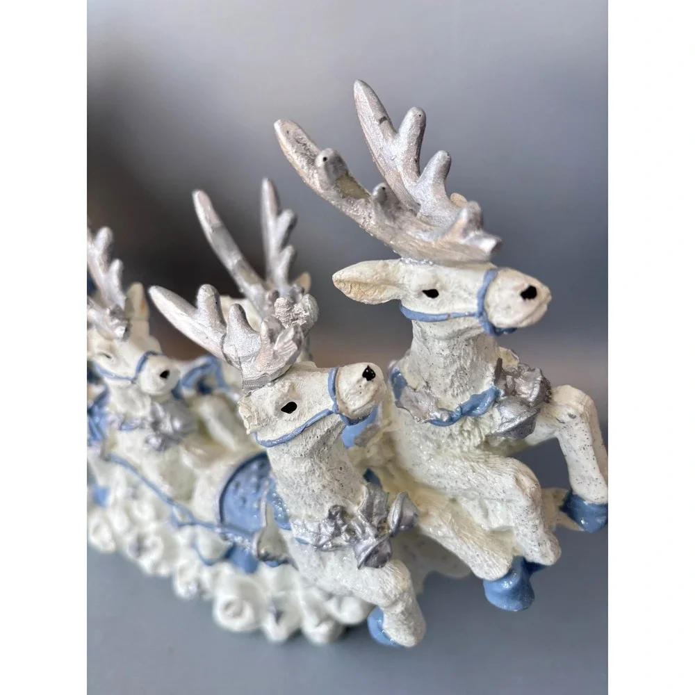 Santa Claus Sleigh and Reindeer Figurine Blue White Silver Christmas Centerpiece